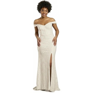image:imageDavids Bridal The Edit Studio Corset Bodice Lace Off The Shoulder A Line Wedding Dress with Side SlitSoft White