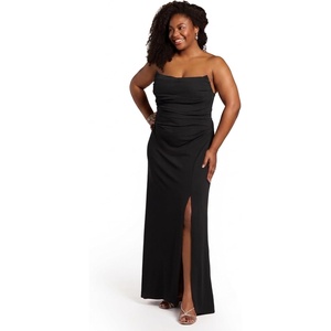 image:imageDavids Elegant Crepe Sculpted Neckline Sheath Maxi Gown Sleeveless Silhouette with High Slit Tailored Back ZipperBlack
