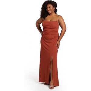 image:imageDavids Elegant Crepe Sculpted Neckline Sheath Maxi Gown Sleeveless Silhouette with High Slit Tailored Back ZipperCinnamon