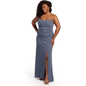 image:imageDavids Elegant Crepe Sculpted Neckline Sheath Maxi Gown Sleeveless Silhouette with High Slit Tailored Back ZipperSteel Blue