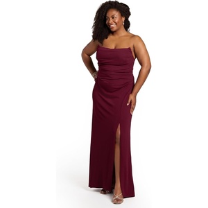 image:imageDavids Elegant Crepe Sculpted Neckline Sheath Maxi Gown Sleeveless Silhouette with High Slit Tailored Back ZipperWine