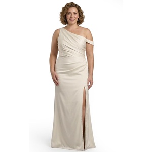 image:imageDavids Bridal Asymmetrical OfftheShoulder Matte Satin Sheath DressSoft White